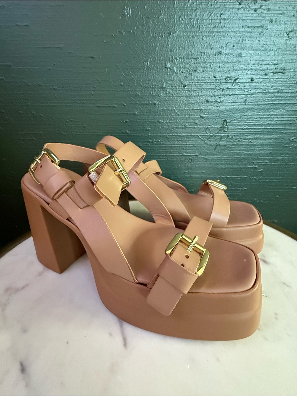 Free People Chunky Platform Sandals in Beige-Tan with Gold Buckles